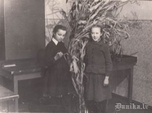 Skolnieces Zeme un Leja pie izmēģinājuma lauciņā audzētas kukurūzas.