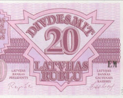 20 Latvijas rubļi, 1992, averss.