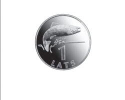 LV 1 lata monēta, kalta 1992. gadā Bayerisches Hauptmünzamt (Vācija) un 2007. un 2008. gadā Monnaie de Paris (Francija).