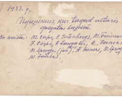 1933. gads. Ugunskurs vietā, kur tagad atrodas Golgātas baznīcas altāris. No kreisās: M. Cērps, J. Intenbergs, M. Freimanis, J. Cērps,, J. Laugalis, K. Janeks, M. Sproģis juniors, J. Deme, A. Janeks, M. Sproģis seniors, M. Janeks.